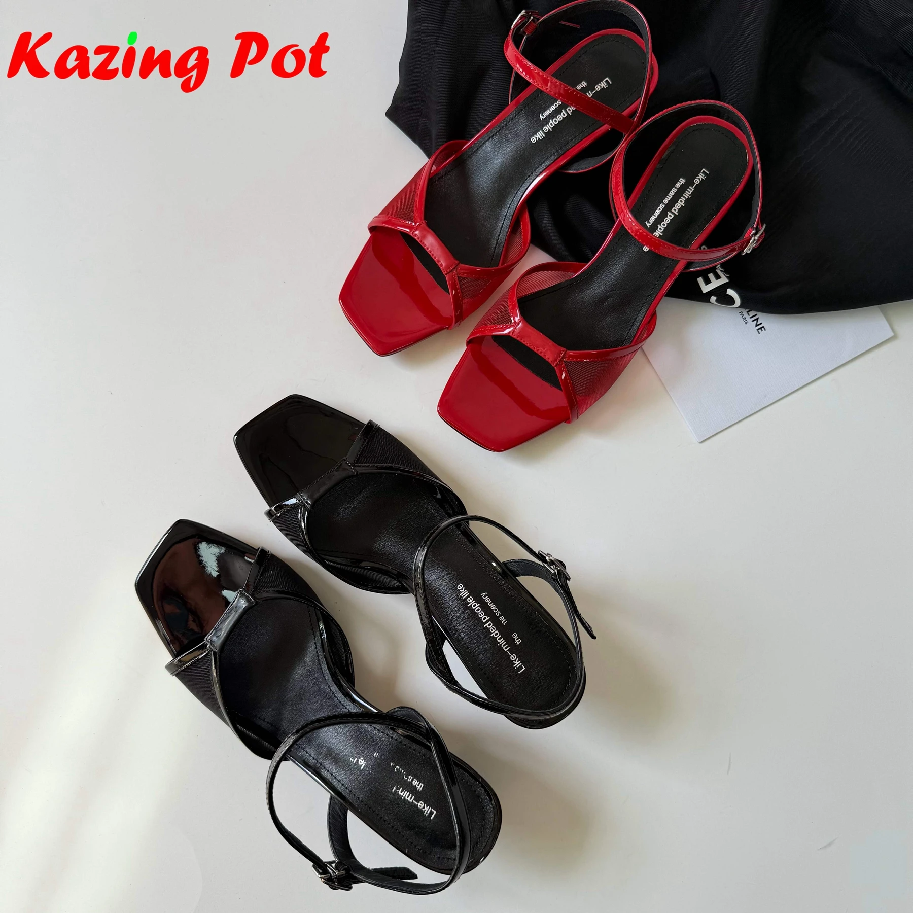 

Krazing Pot Air Mesh Коровья кожа Гладиатор с открытым носком на толстом высоком каблуке Элегантная летняя обувь красного цвета Современные женские сандалии с пряжкой Ins