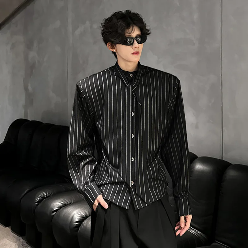 WVGA Spring Autumn New Men Tide Streetwear Padded Shoulder Vintage Trendy Tie Design Striped Shirt Niche Chic Casual Tops W16847