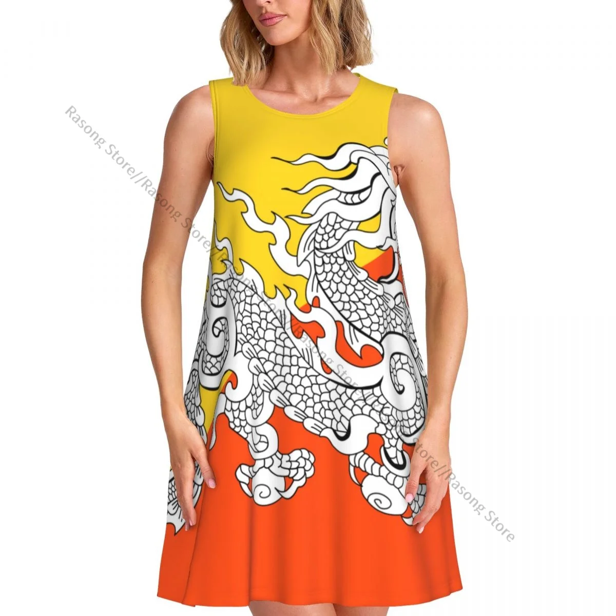 فستان نسائي صيفي كاجوال تي شيرت فساتين الشاطئ تغطي علم البوتان فستان تانك البديل