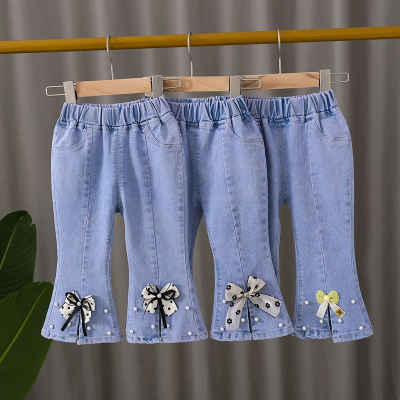 Kids Jeans Pants Bowknots Toddler Flare Pants Pearl Dot Baby Girl Casual Trousers for Girls Cowboy Pants Denim Trousers 1-6years