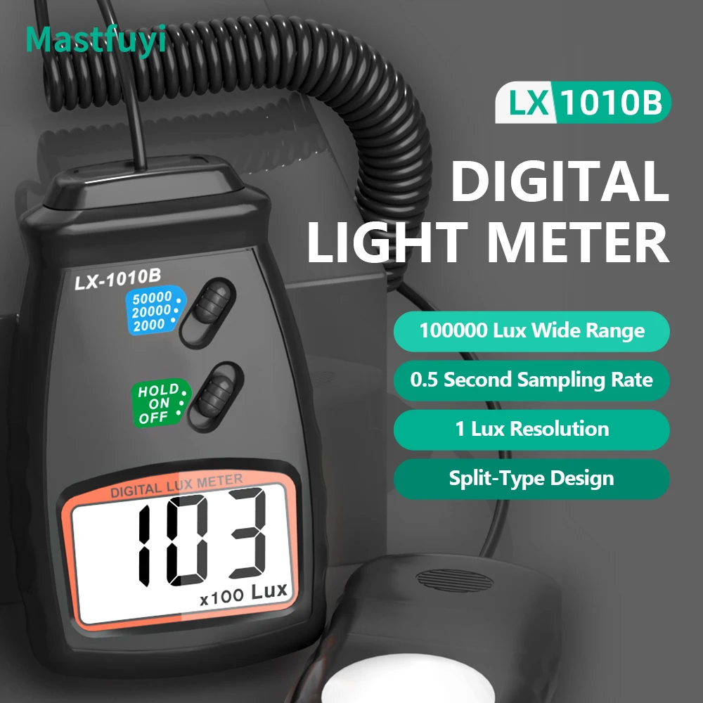 MASTFUYI Medidor de lujo digital Medidor de luz portátil de 0-100,000 Lux con pantalla LCD Medida fotómetro Lux/FC para interior/exterior