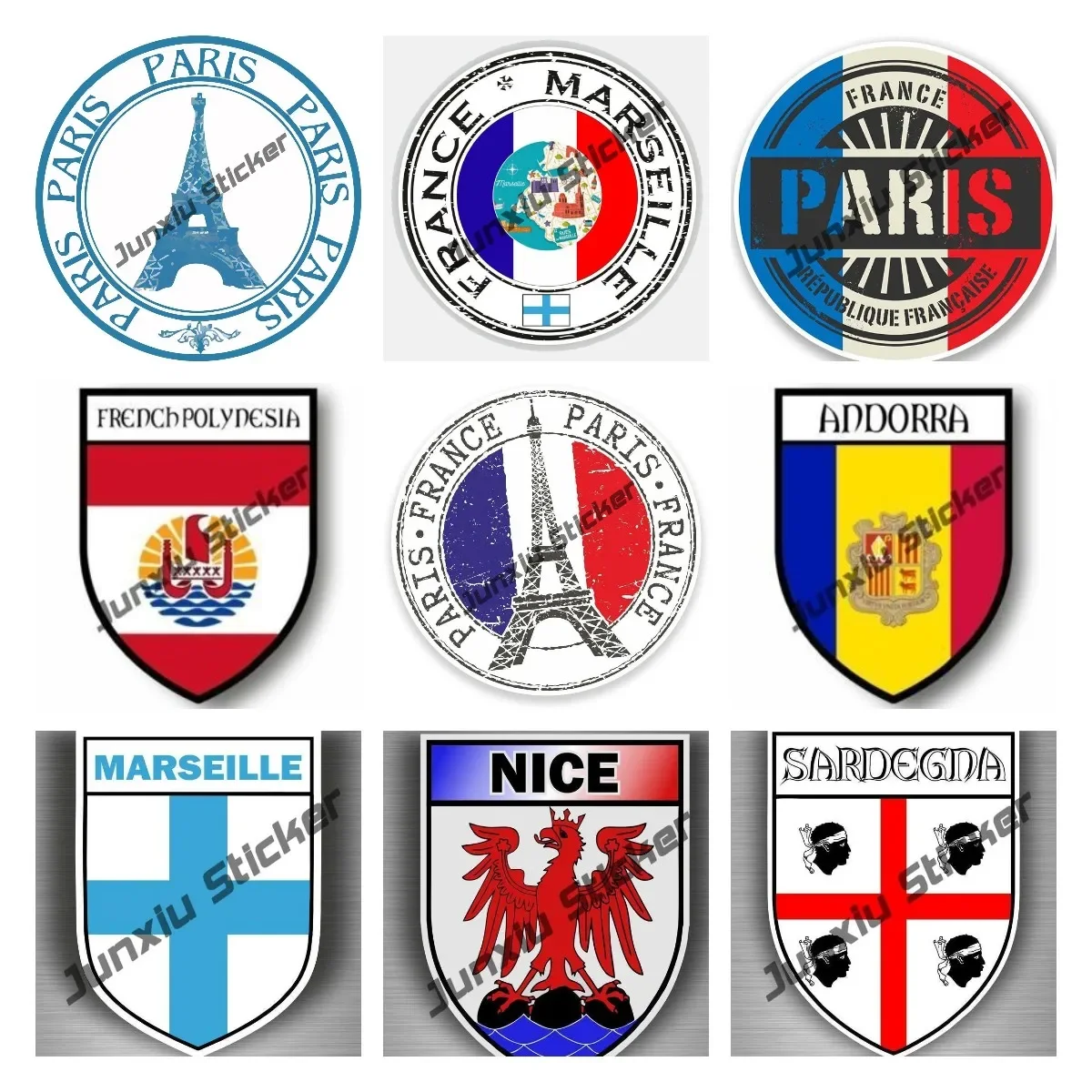 

Paris France Stamp Bumper Sticker Eiffel Tower Round Car Decal France Flag City of Paris Nice SARDEGNA Shield Crest Logo Decal