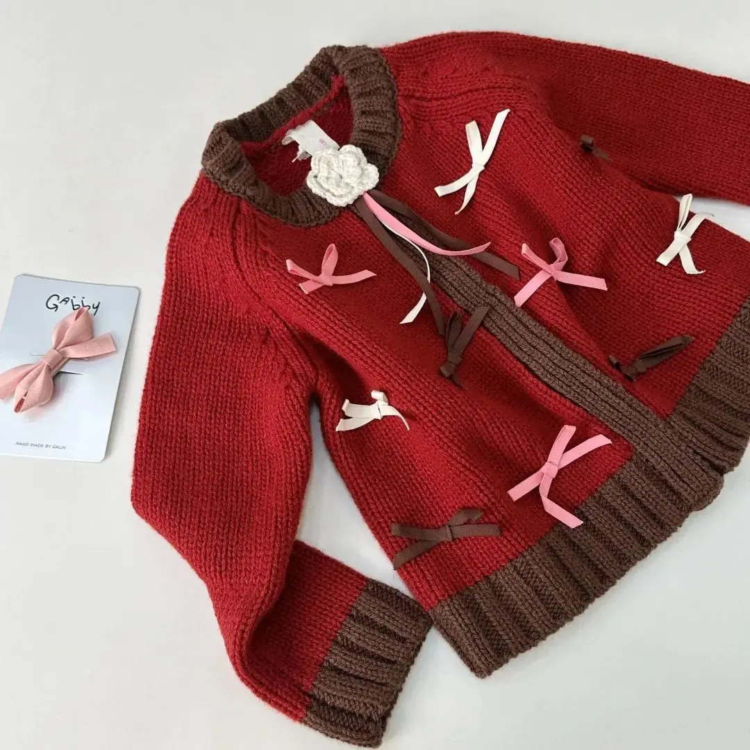Sweet Bow-Tied Autumn Winter Kids Sweater Jacket Christmas Flower Buckle Warm Children's Wool Open Cardigan Outerwear for Girls