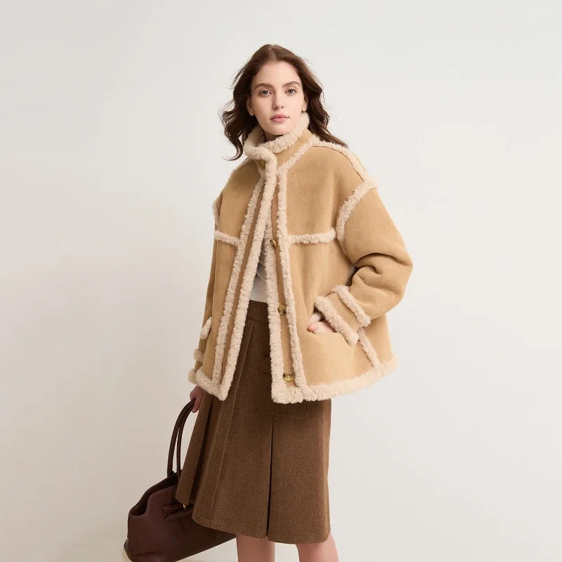 Women's Winter New Fashionable Cotton Stand Collar Outerwear Suede Fur One-piece Thickened Motorcycle Suit Lamb Fur Jacket .