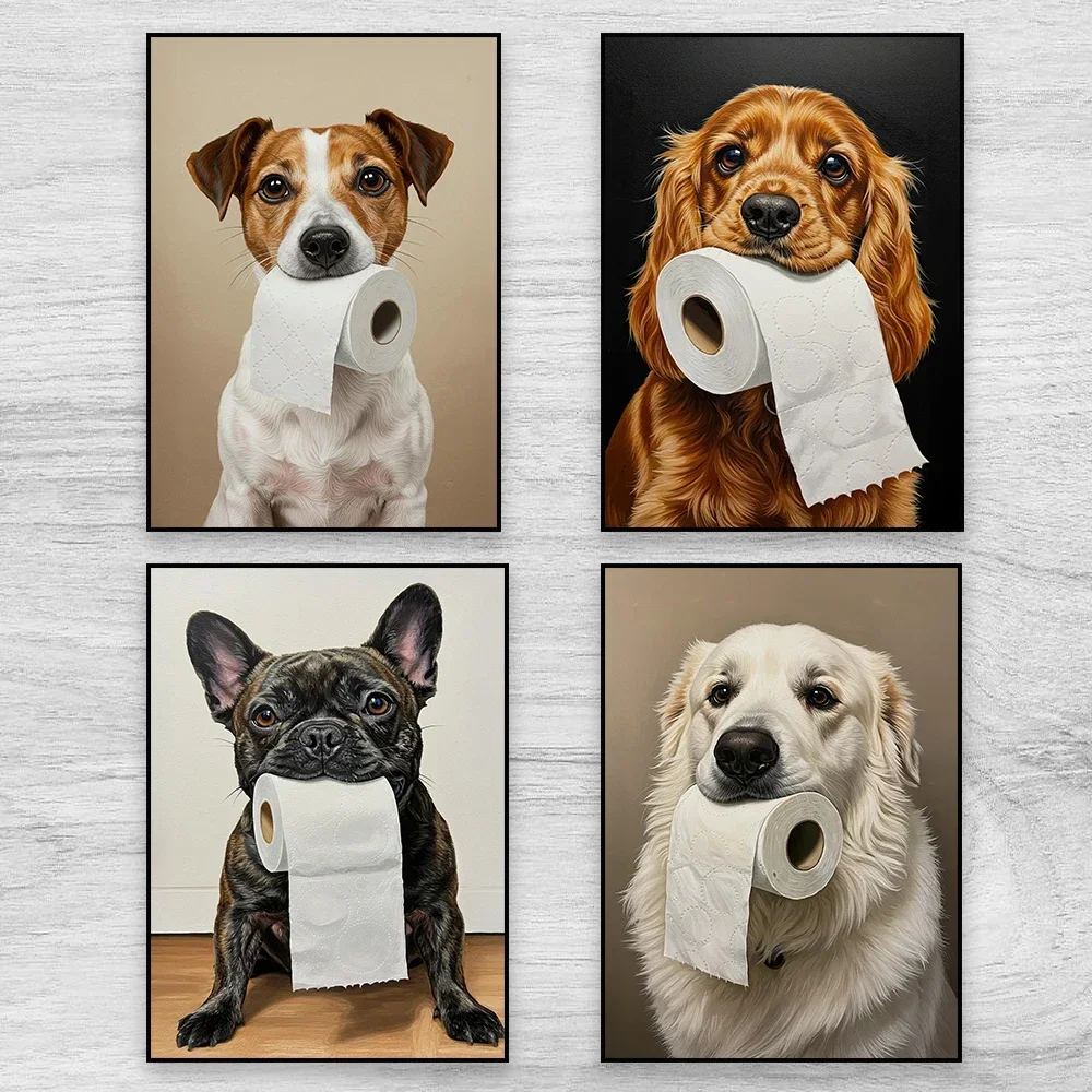 Funny Animal Dog Bathroom Wall Art Poster English Cocker Spaniel with Toilet Paper Roll Prints Canvas Painting Toilet Decor