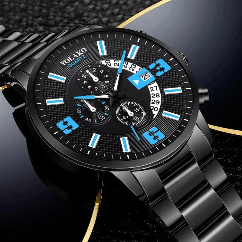 Relógio Quartz em Aço Inoxidável com Função Calendário, Perfeito para Negócios, Inclui Gift Box, Preto, Elegante