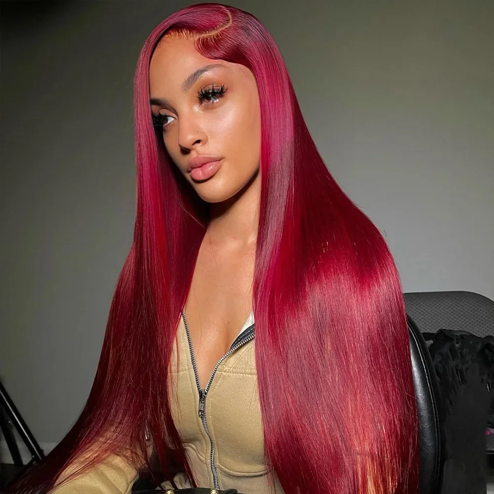 Burgundy 99J Straight 13x4 Lace Frontal Human Hair Wigs Brazilian Red Colored Lace Front Wig 180 Density For Women 30 32 Inches