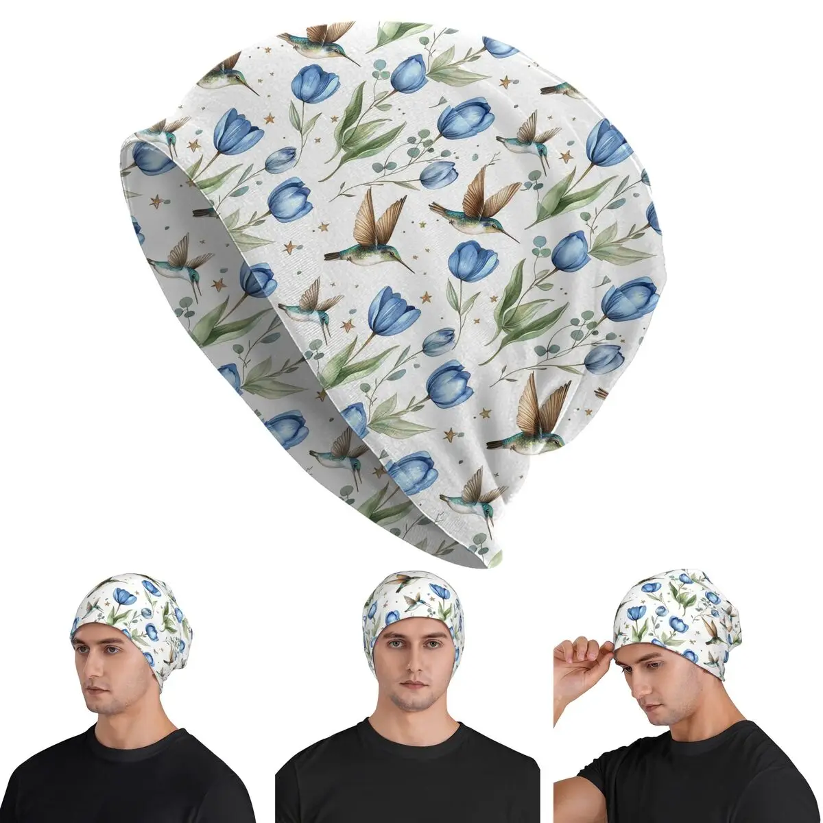

Tulips And Hummingbirds Skullies Beanies Hats Warm Autumn Winter Outdoor Cap Knitted Bonnet Caps for Unisex Adult