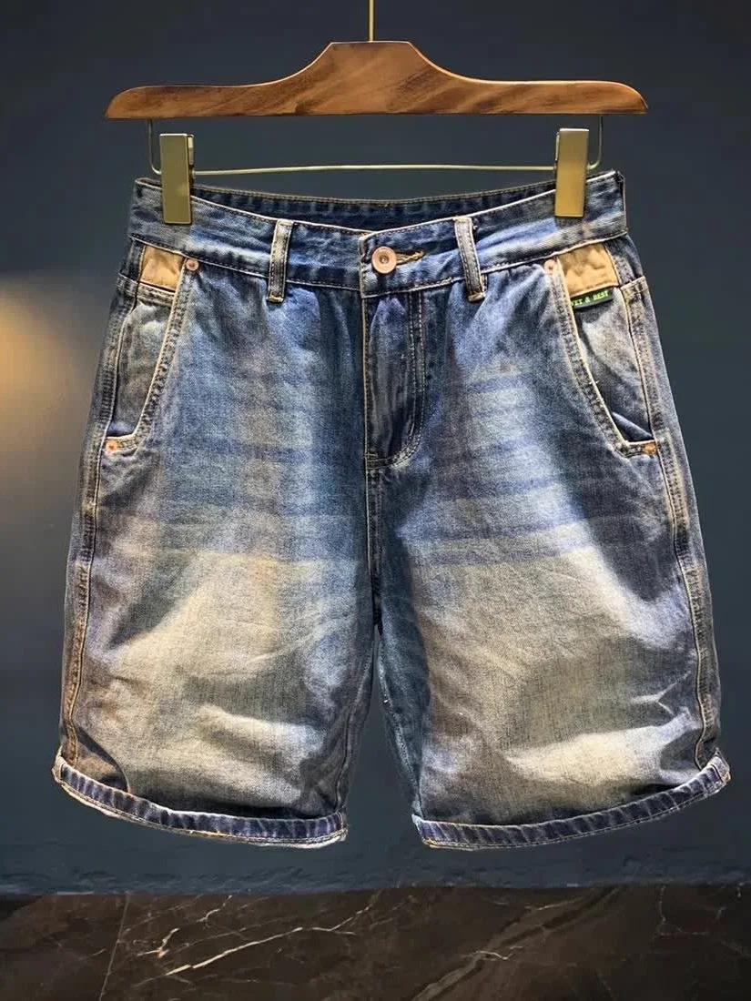American High Street Style Men's Summer New Loose Straight Leg Jeans Shorts Washed out Five Parts Casual Breathable Jeans