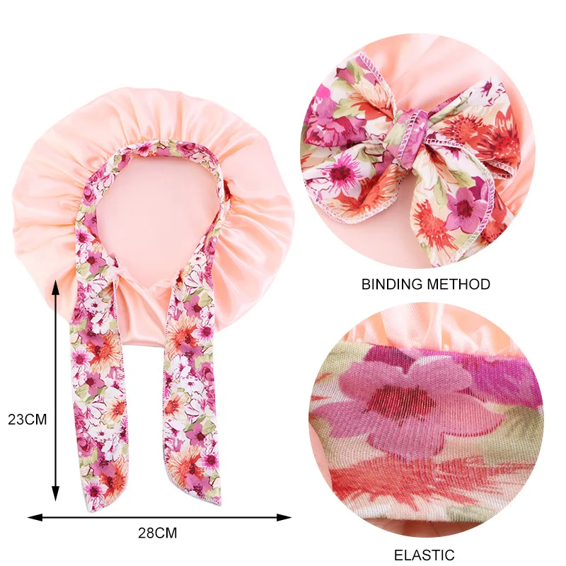 Solid Satin Silk Sleep Bonnet with Band Tie Hair Scarf Adjustable Sleep Night Cap Bonnet Baby Bow HeadWrap Children Girls Boys