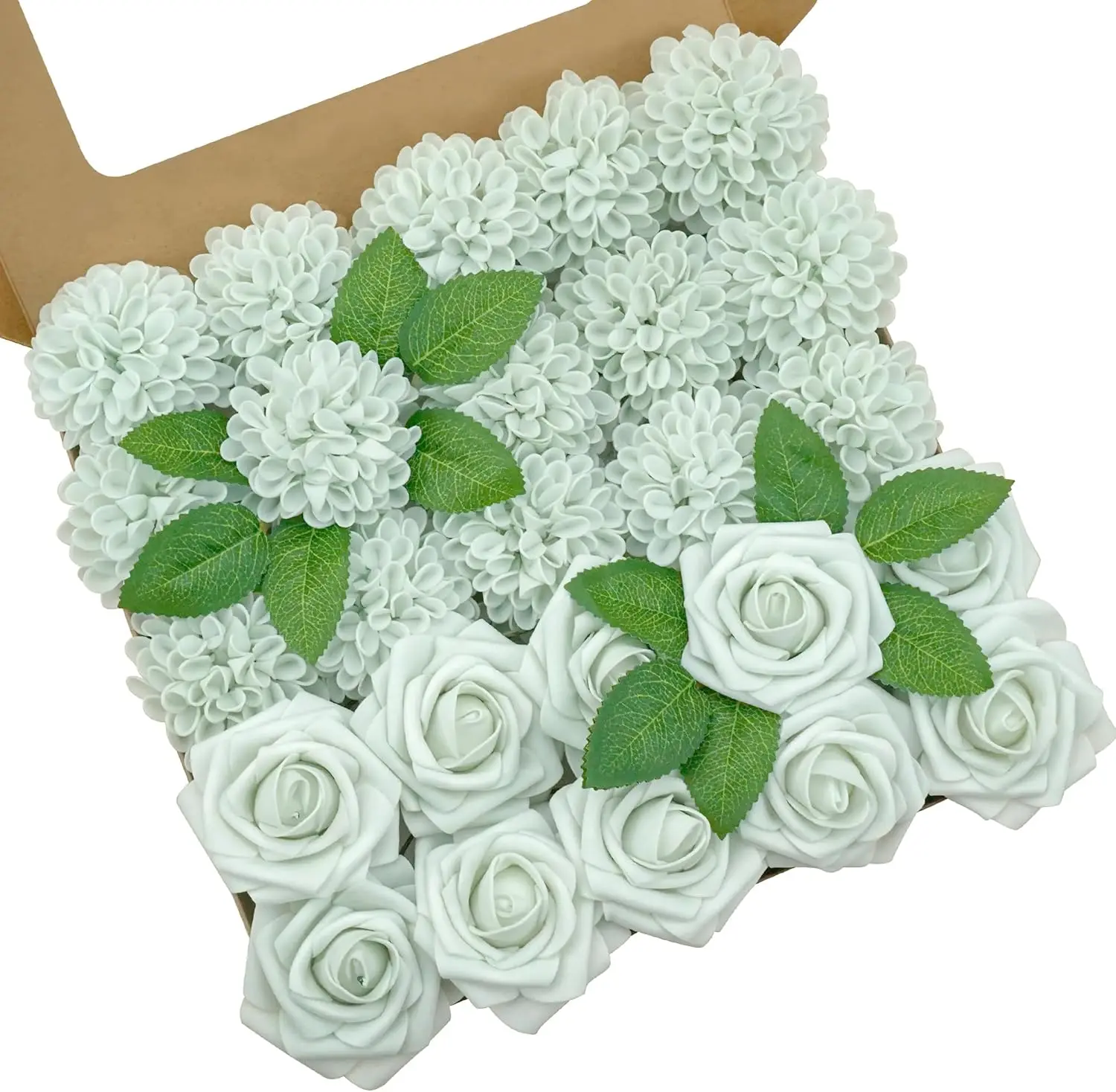 

50pcs Artificial Roses for Wedding Bouquets Centerpieces, Light Green Foam Flowers with Stem for DIY Home Decor