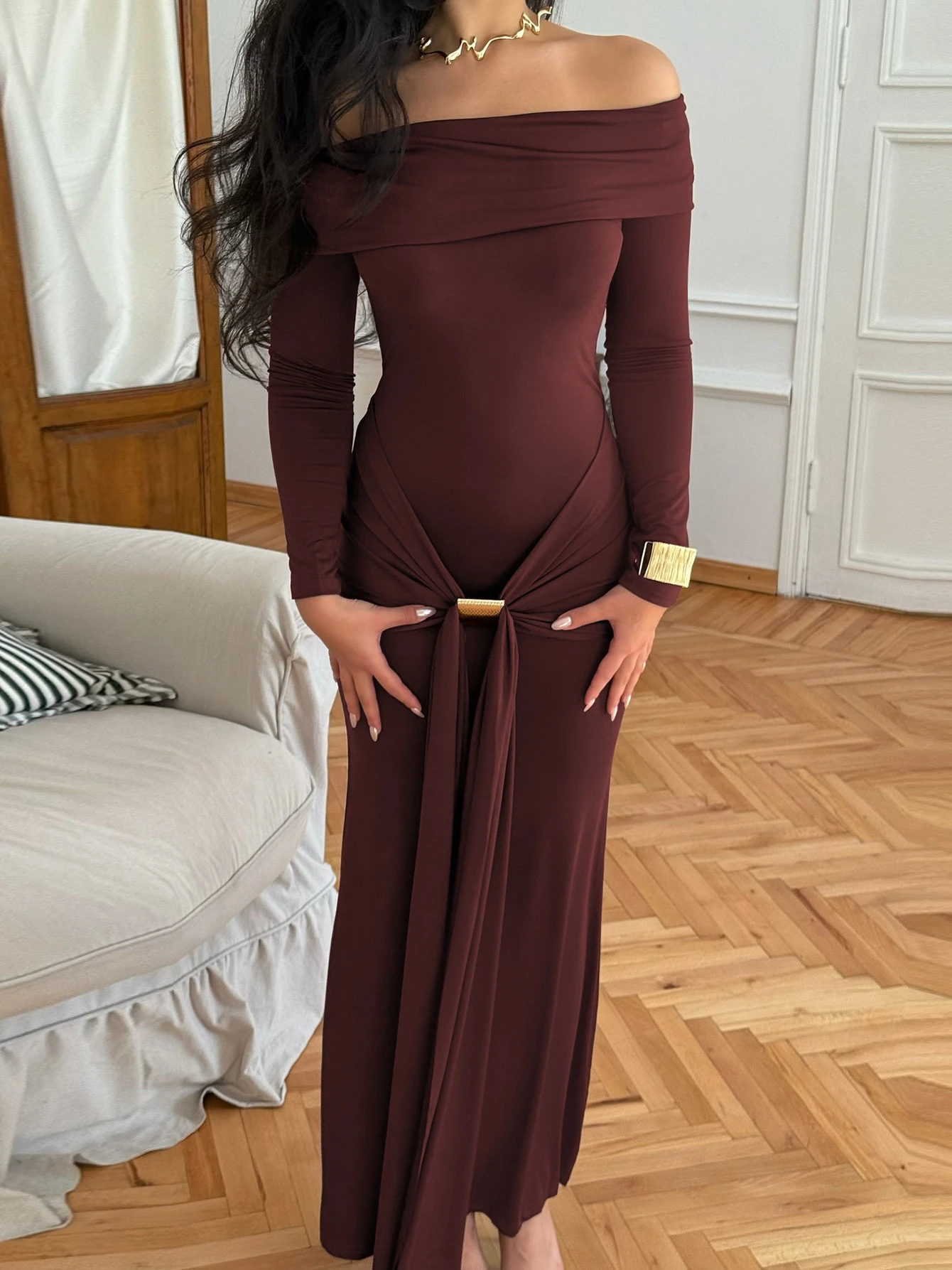 Dulzura الخريف موضة قبالة الكتف كم طويل عارية الذراعين Ruched الشريط فستان طويل المرأة مثير فستان أنيق ملابس الحفلات والنوادي