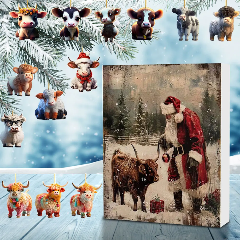 Calendrier de l'Avent de Noël avec Vache Highland, Ornements de Vacances, Dessin Animé Acrylique, Décorations de Face, Décoration de Maison, 2024