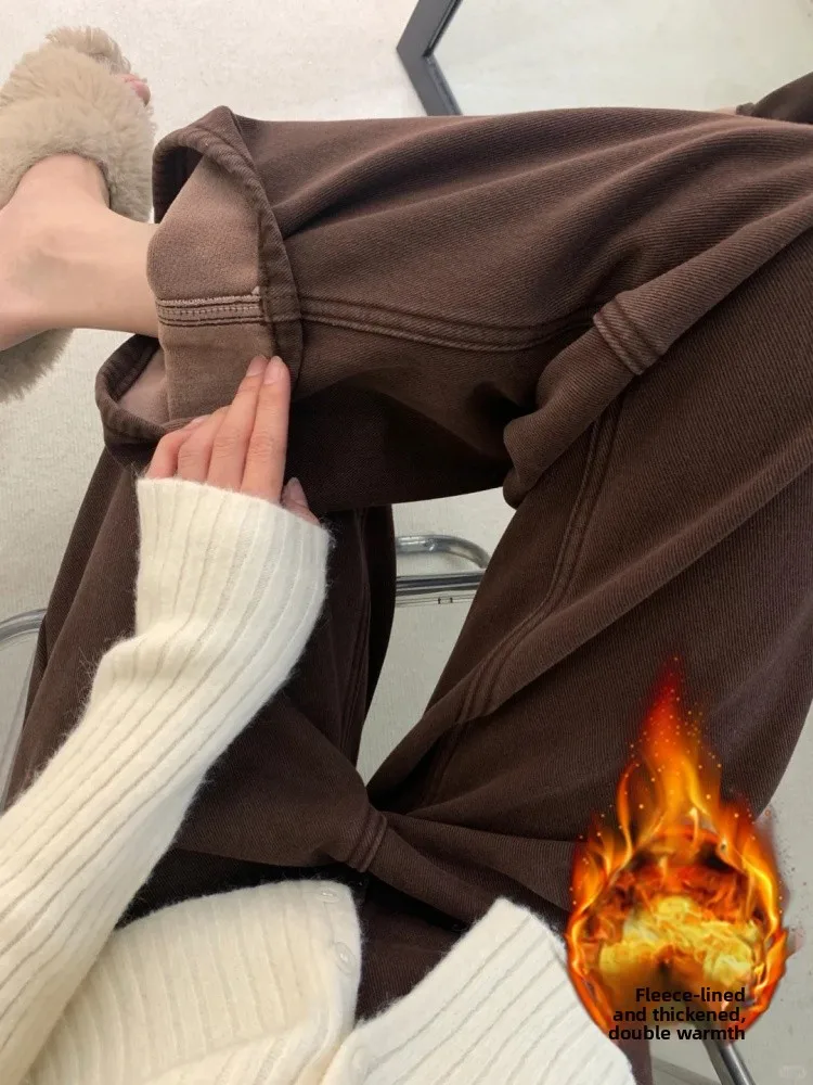 

plus Size Brown Fleece Lined Thick Denim Pants Women's Autumn Winter Loose High Waist Slim Straight Leg Wide Leg Trousers