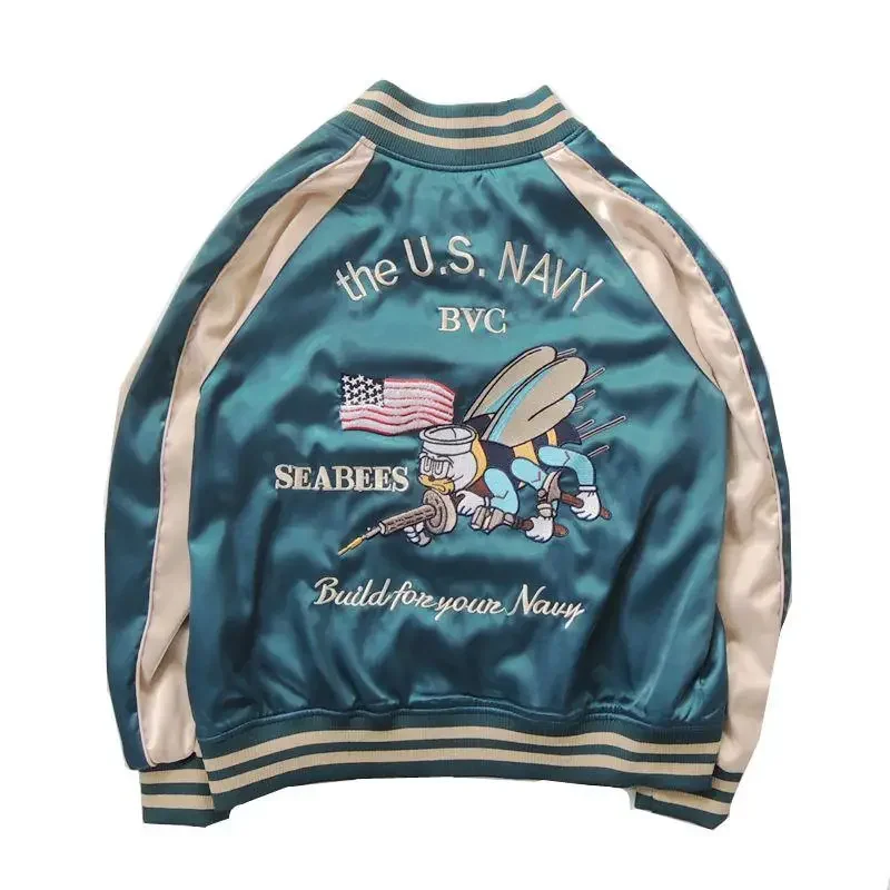 Harajuku Lovers Couples Bees Embroidery Reversible Jacket Faux Silk Baseball Satin Bomber Jacket Spring Double-sided Streetwear