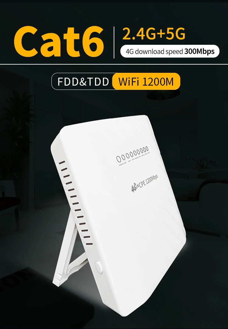 Enrutador 4G LTE Cat6 FDD DL300/50mbps, banda 1/3/5/7/8/20/38/40/41 700/900/1800/2100 MHz, 2600 User AC 100 mbps