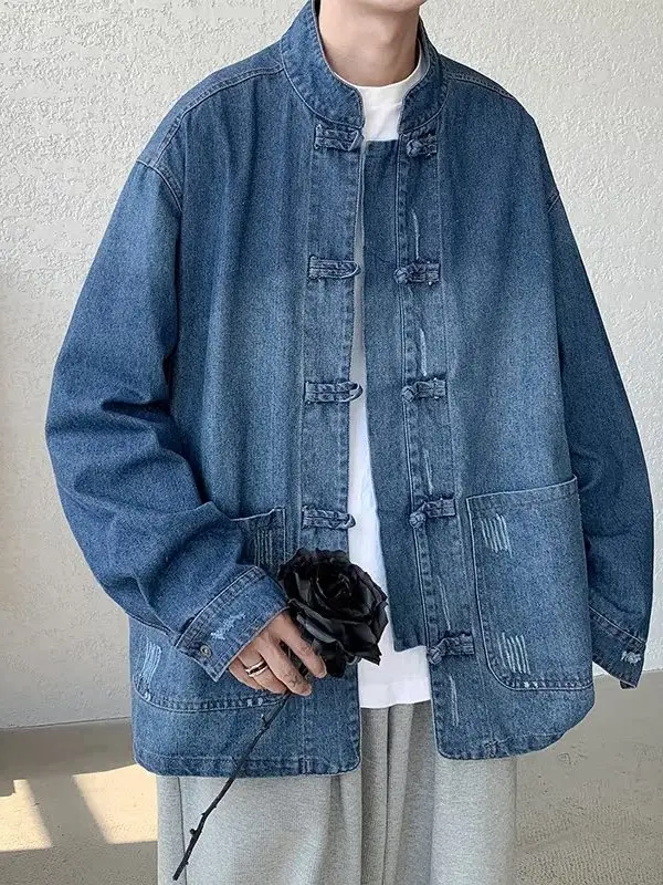 

Waed Vintage Men's Jeans Jaet Stand Collar Button down Chinese Sle Retro Zhongan Coat Loose Fit Youth Faion Cotton ...