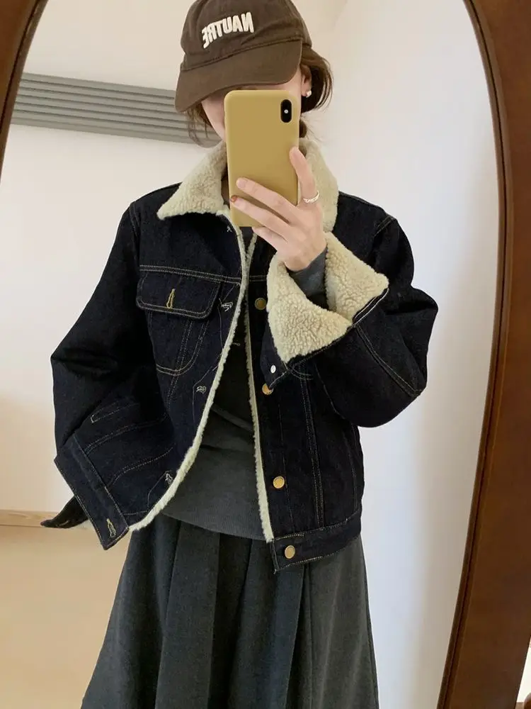 

Denim Coat With Real Sheep Lamp Winter Fur Plush Womens Fitted New Chinese Minimalist Urban Office Anti-Wrinkle Outcoats Jackets