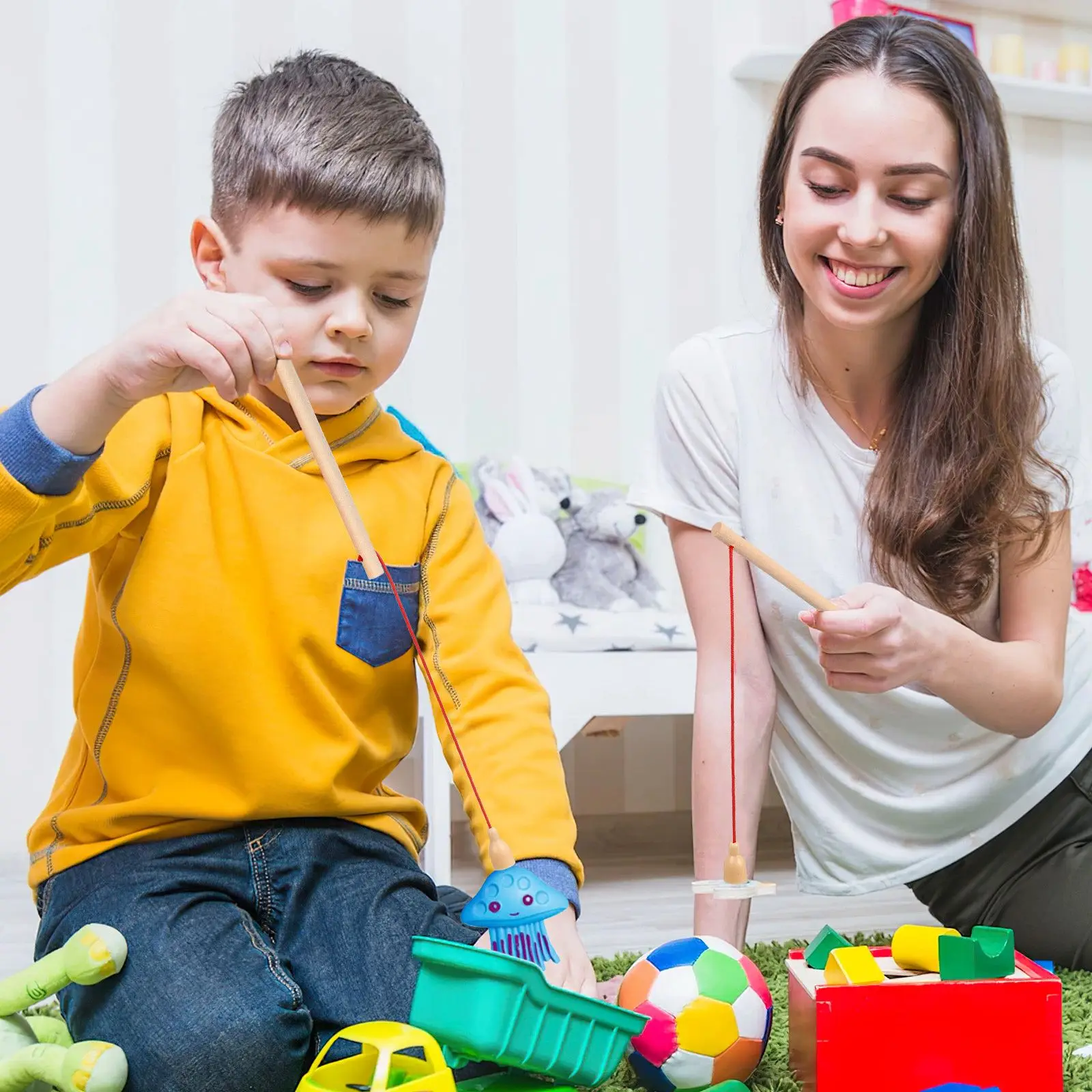 Vara de pesca de madeira, 8 peças, brinquedos para crianças, desenvolvimento de habilidades motoras finas, jogo de verão montessori, jogo sensorial, brinquedos de desenho animado de madeira