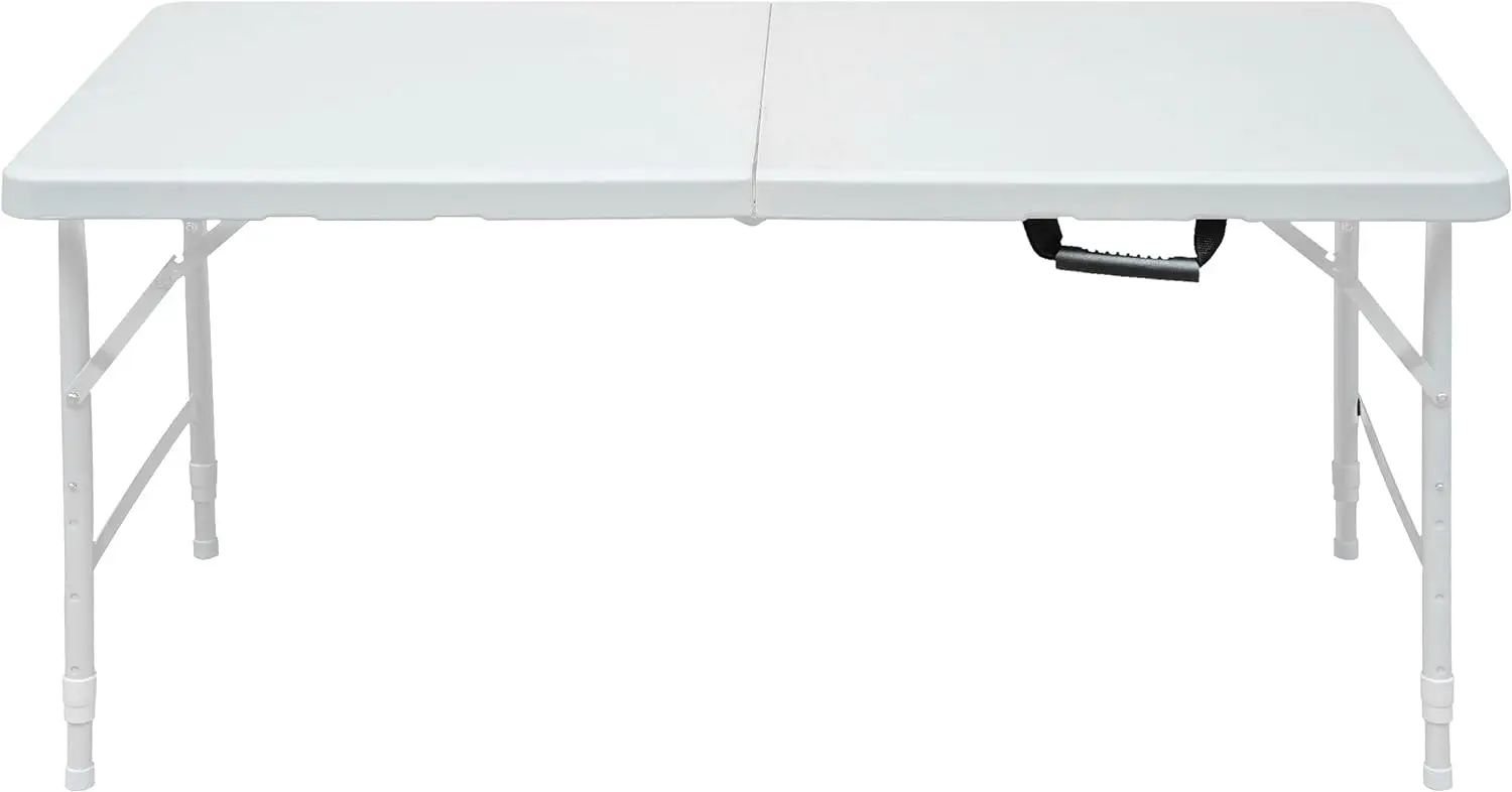Adjustable Height Folding Table - 4FT Portable Plastic & Steel Fold-in-Half Table with Handle, Lightweight, Waterproof, Easy Clean, for Indoor/Outdoor Dining, Camping, Picnics, Parties, Events