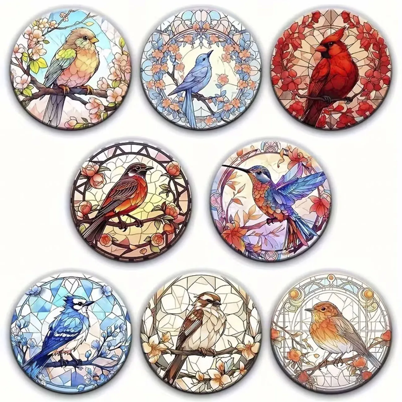 8-Piece Set - Bird Themed Wooden Coaster Set, Round, Durable Composite Wooden Coaster for Desktop Protection