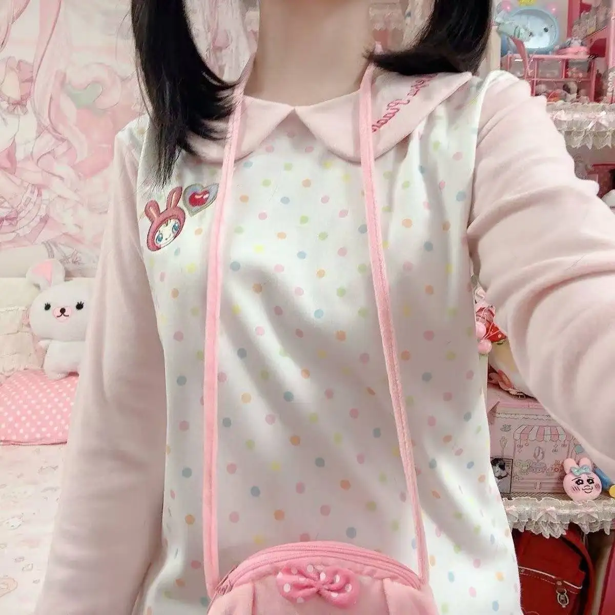 Japanischer Stil Süße Patchwork-Tops Mädchen Y2K Slim Fit Bluse Koreanische Mode Lässige Langarm-Chic-Streetwear Damen Alltags-Tops