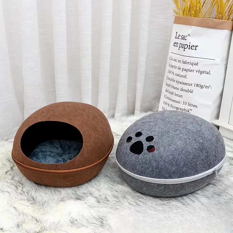 Cat Bed Artificial Felt House for Cats Sleeping Bag With Nest Cushion Eggshell Detachable Breathable Semi Enclosed Pet Cave