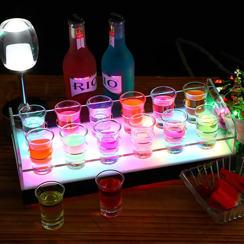Rechargeable Acrylic Lighted 6 or 12 Glasses Rack Flight Serving Glorifier Holder Display Stand LED VIP Shot Glass Service Tray