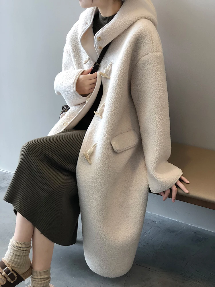 

Thick Hooded Horn Button Imitation Lamb Coat Female 2023 Winter Keep Warm Long Coat Korean Fashion Overcoat Women Pocket Coat