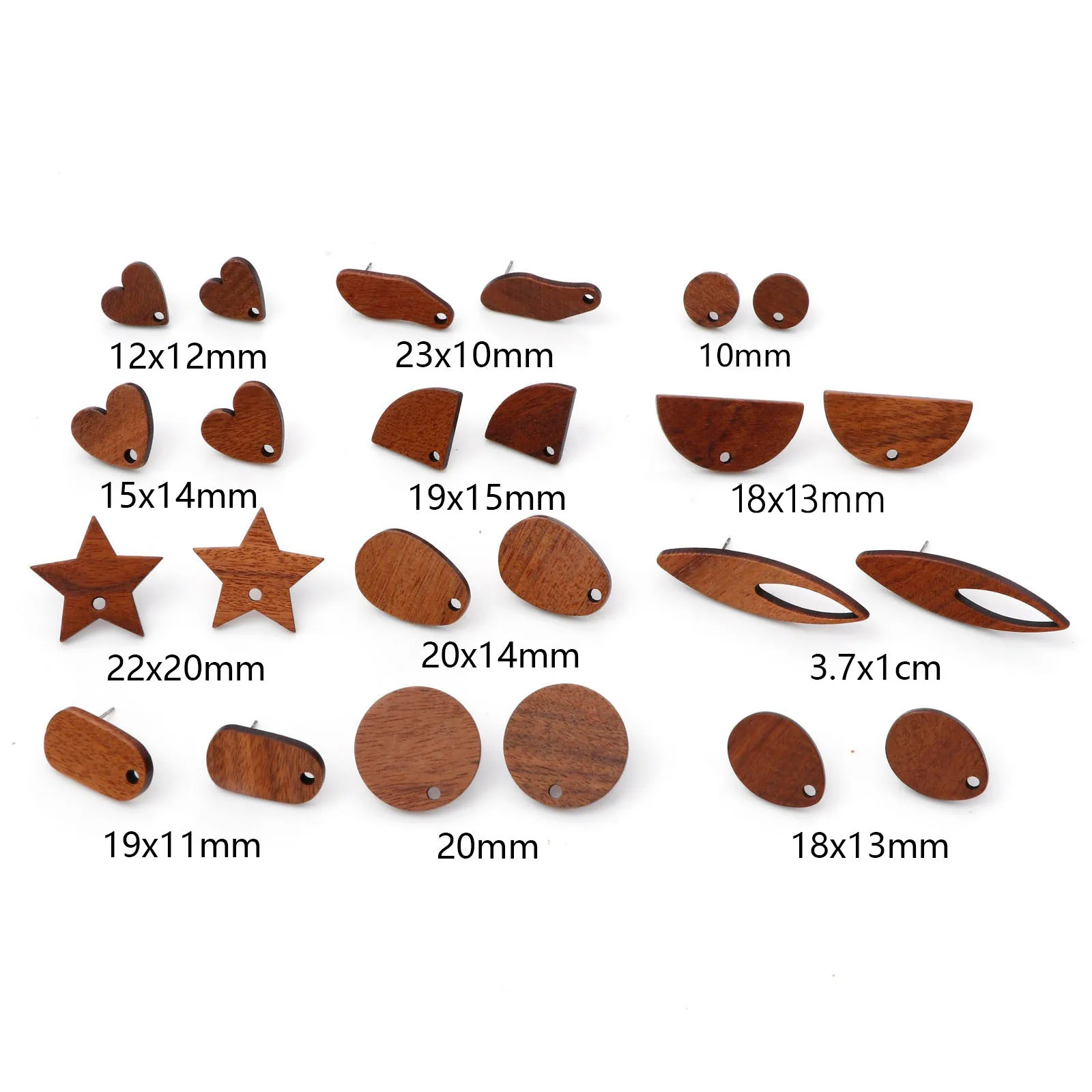 10 PCs Handmade Wood Ear Post Stud Earrings Findings Heart Geometric Brown With Hole Diy Earring Post/ Wire Size: 0.7mm