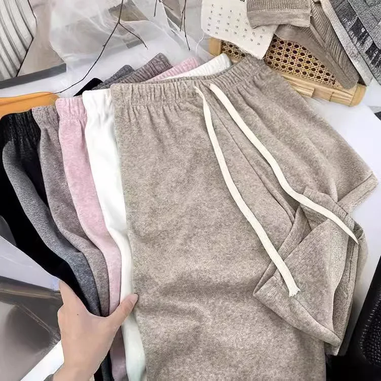 Women's Woolen Flannel Thickened Towel Pants High-Waisted Loose Fit Draped Rice Flour Wide Leg Pants Narrow Straight Casual