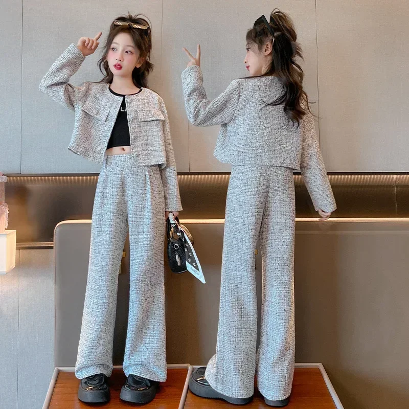 

Костюм из двух предметов для девочек 4-12 лет, однобортный тканевый пиджак и брюки с широкими штанинами, корейский стиль, весна-осень 2023