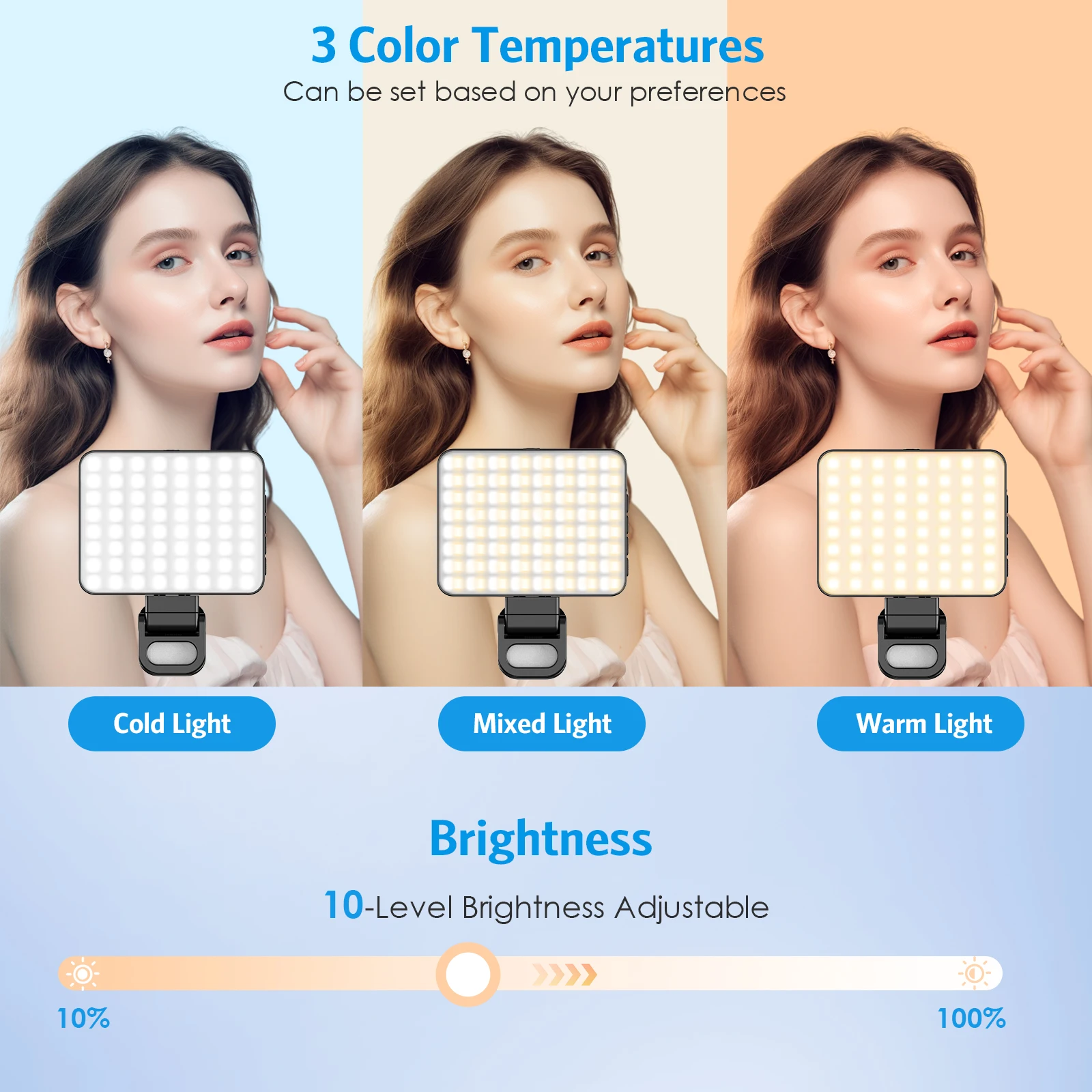 ضوء سيلفي مغناطيسي 128 مصباح LED مع 3 أوضاع و10 سطوع USB-C قابل لإعادة الشحن لـ TikTok/البث المباشر/المكياج/مدونات الفيديو