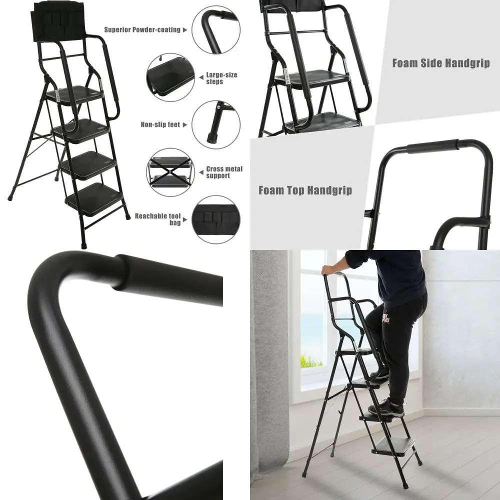 

Складная 4-ступенчатая лестница емкостью 500 фунтов, поручней, нескользящими ступеньками и сумкой для инструментов для домашнего использования.