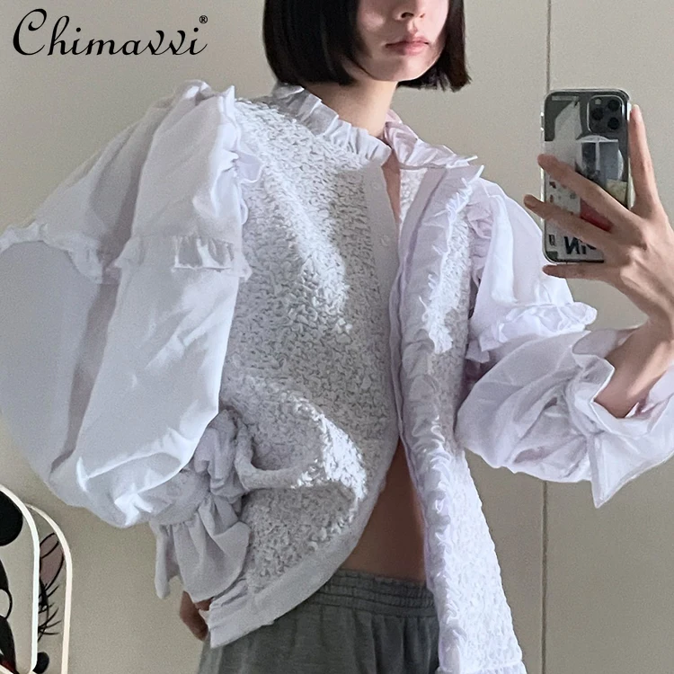Spring Japanese New Sweet Girls Pleated Lace Long-sleeved Shirt Female Ruffled Elegant White Blouse Shirts Casual Blusas