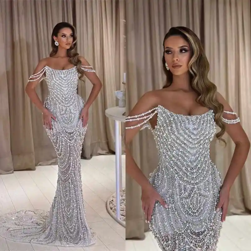 

Vintage Beaded Pearls Evening Dresses Shiny Off The Shoulder Mermaid Prom Dress Customized Sweep Train Lace Party Gown