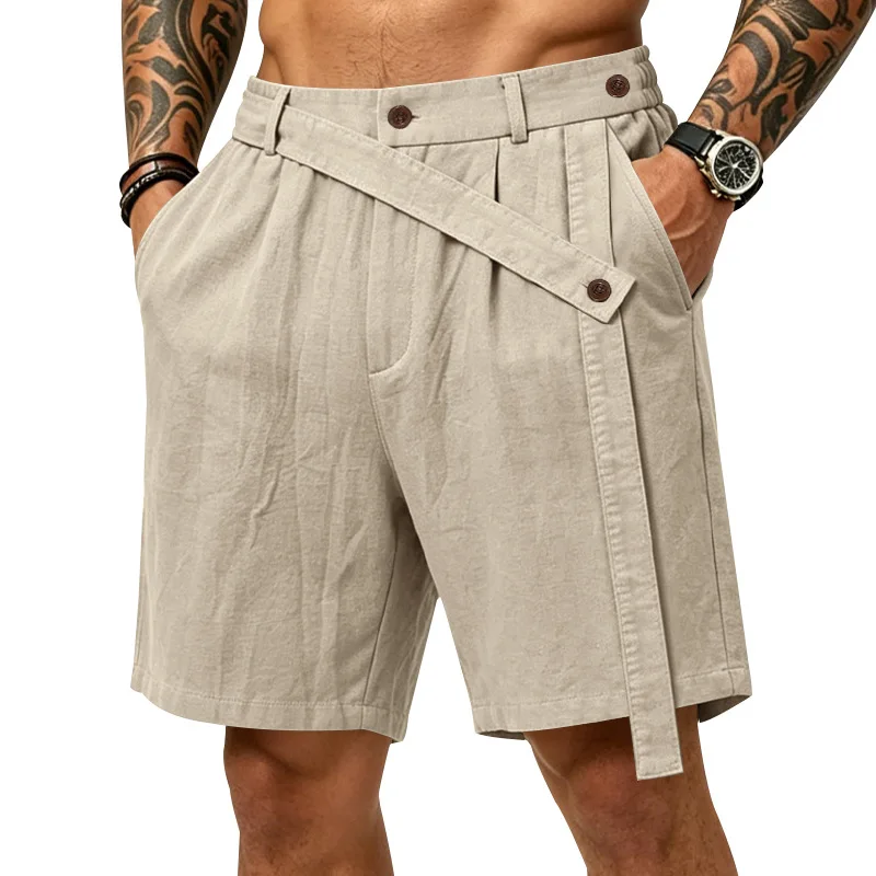 Popular Linen Casual Shorts, Cross-Border Beauty Size Men's Asymmetrical Single Oblique Belt Elastic Waist Five-Point Pants