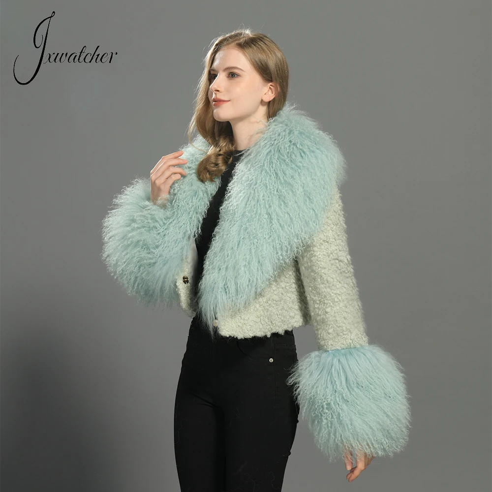 Jxwatcher abrigo de lana para mujer, puños con cuello de piel auténtica de Mongolia, moda de invierno, Chaqueta corta de Tweed de Color sólido,