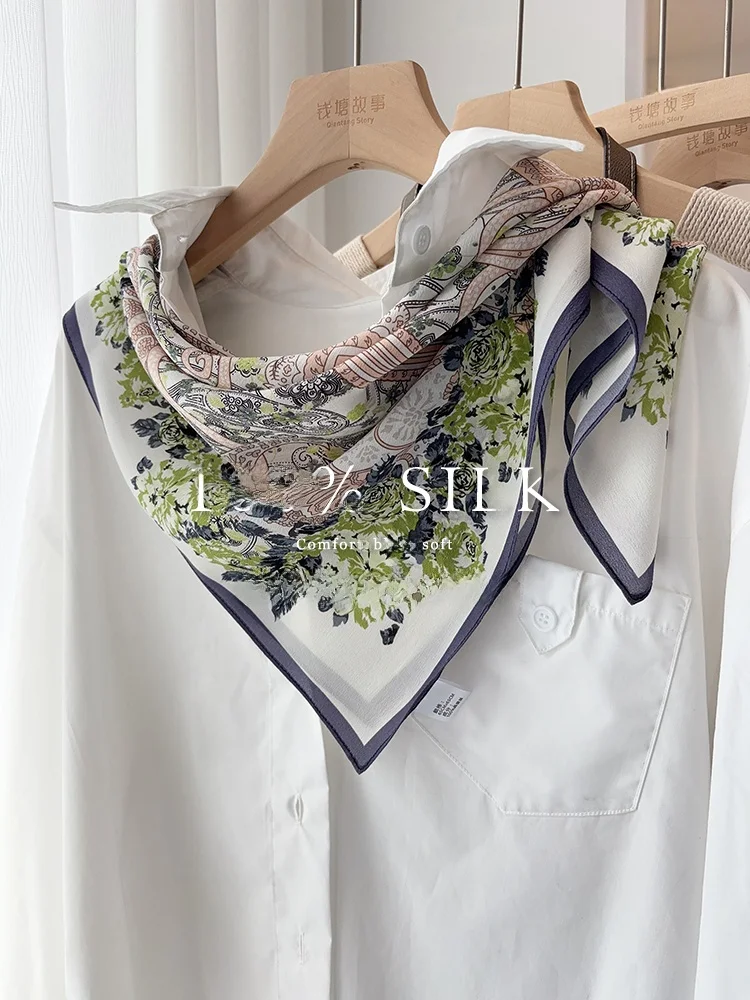 ロマンチックな春の色のシルクシフォンスカーフ女性の新鮮な感覚マルベリーシルクスクエアスカーフ多機能ネックスカーフ