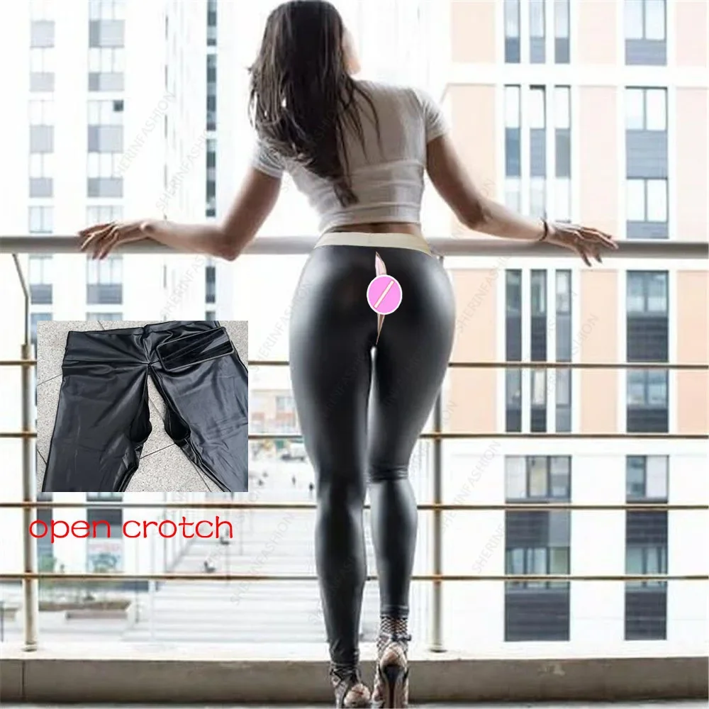 กลางแจ้งเปิด Crotch กางเกง Exotic Hotpants ผู้หญิงกางเกงหนังผู้หญิง PU กางเกงไม่มีรอยต่อพีชสะโพกกางเกงขายาวเสื้อผ้าโยคะ