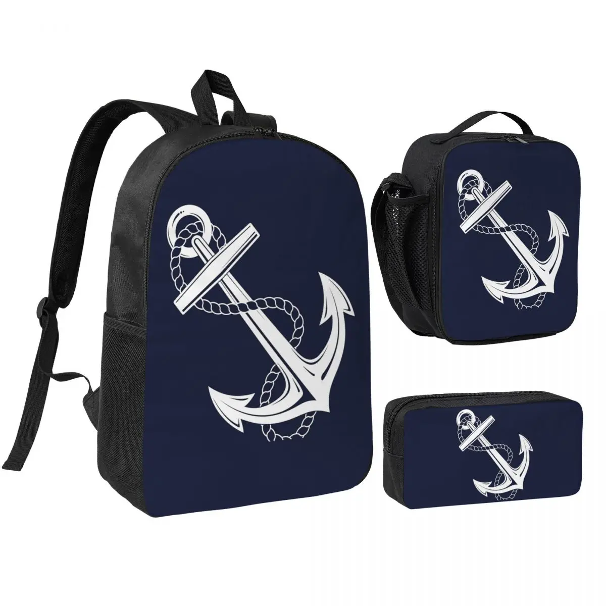 

Anchor Nautical White And Navy Backpack Boys Girls BookBag School Bag Shoulder Bags 3ps Insulated Lunch Bag Pencil Case