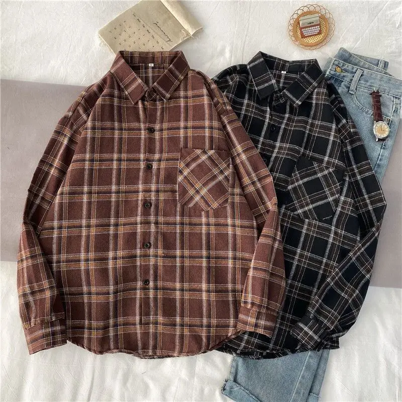 Geruite overhemden Vintage oversized overhemd met knopen en lange mouwen Koreaanse mode Casual knoopblouse met enkele rij knopen Herfst uitloper tops