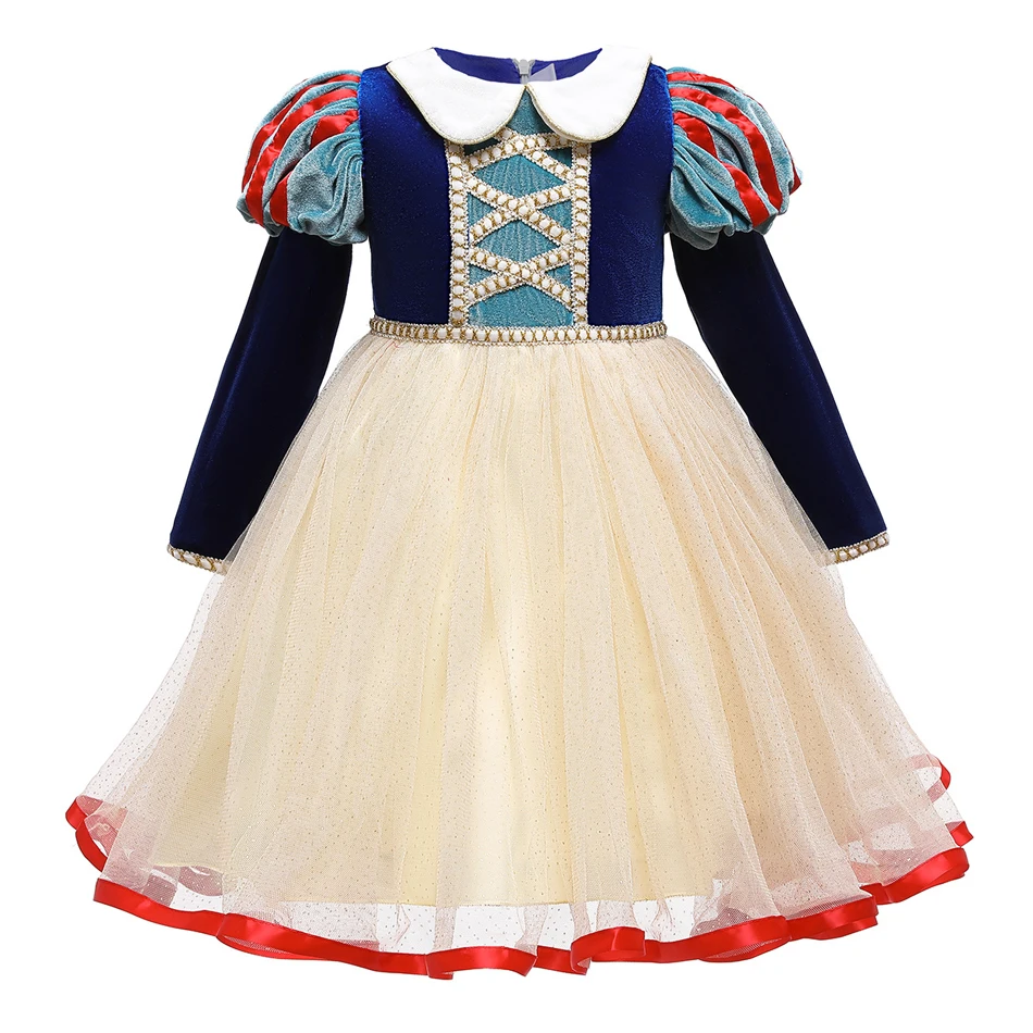Schneewittchen-Prinzessinnenkleid für Mädchen, blaues Samt-Mieder mit beigem Tüllrock, Spitzenapplikationen für Halloween, Geburtstagsfeier, Cosplay – Detail 6