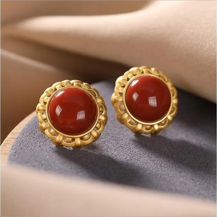 

S925 silver gold south red round stud earrings sun pattern high-end temperament elegant women's non-fading earrings