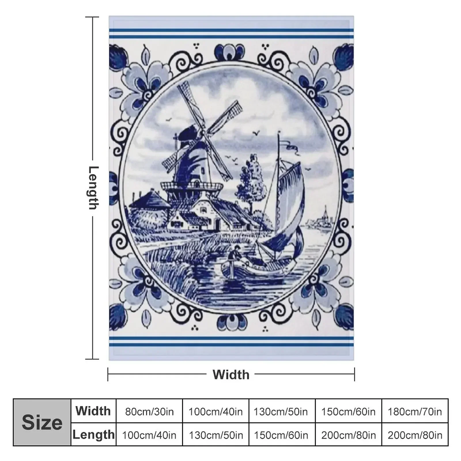 DUTCH BLUE DELFT: Vintage Windmill Print Throw Blanket Decorative Throw Picnic Bed covers Thermal Blankets