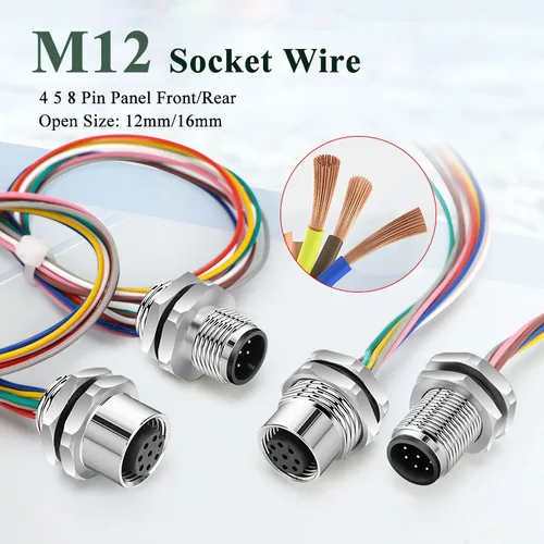 Imagen 1 del producto Enchufe M12 de 4 y 5 y 8 pines con Cable de 20CM, Cable conector macho hembra IP67 resistente al agua, enchufe de Panel fijo montado en placa integrada pegada