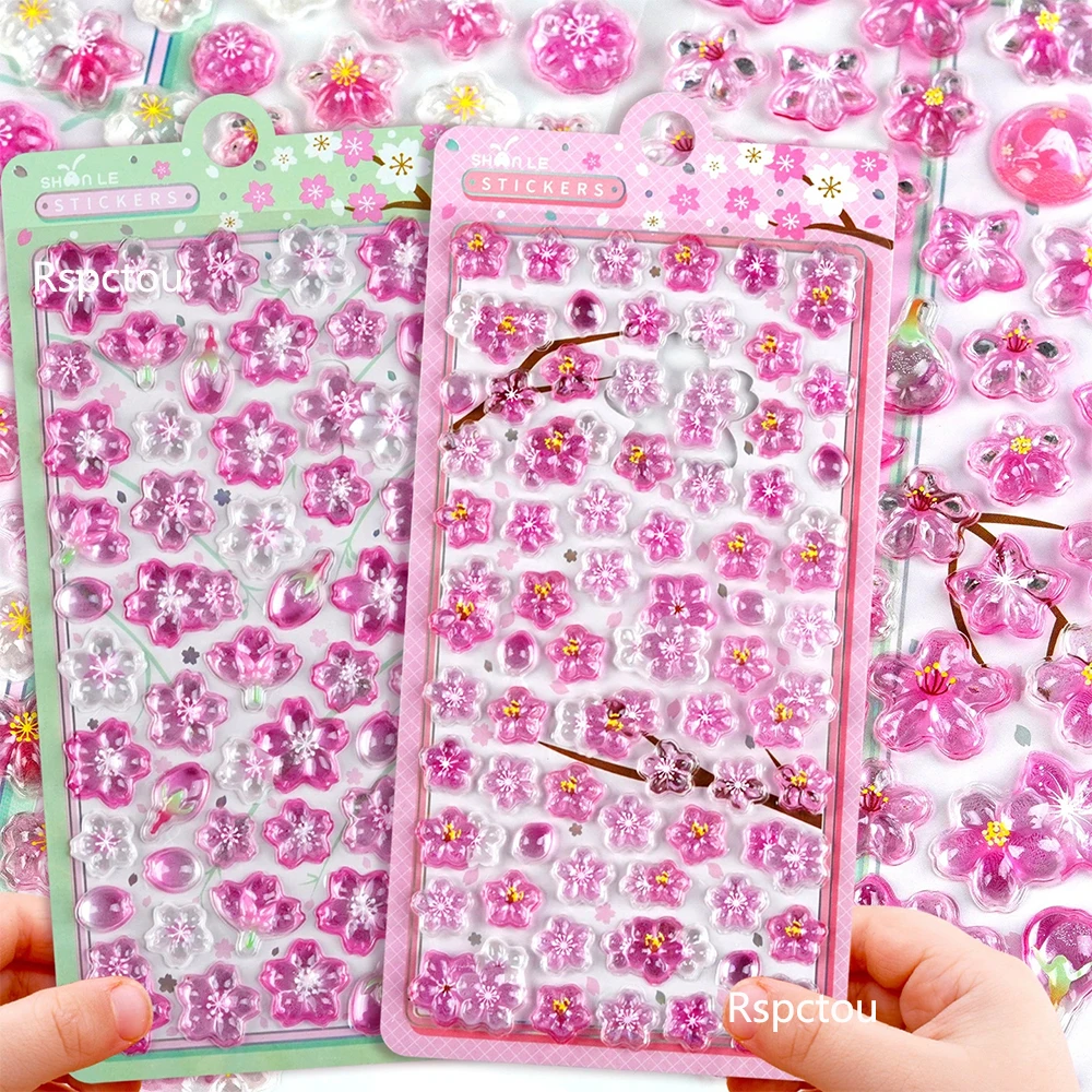 

6pcs Kawaii Cartoon Pink Sakura 3D Crystal Stickers Aesthetic Three-Dimensional Relief Sticker Scrapbook Phone Laptop Decals Toy