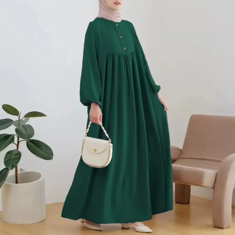 Casual Puffed Sleeves Simple Solid Color Dress For Women Islam Muslim Dress Women Clothes Dubai Abayas African Robe Musulmane