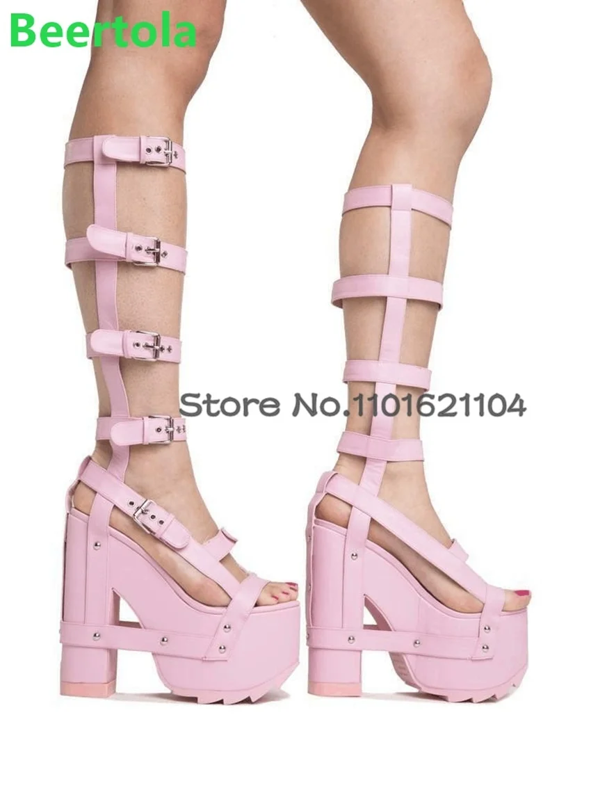 

Pink Platform Square Heel Long Belts Design Sandals For Women Round Toe Sexy Shallow Buckle Strap Summer Party Solid Shoes