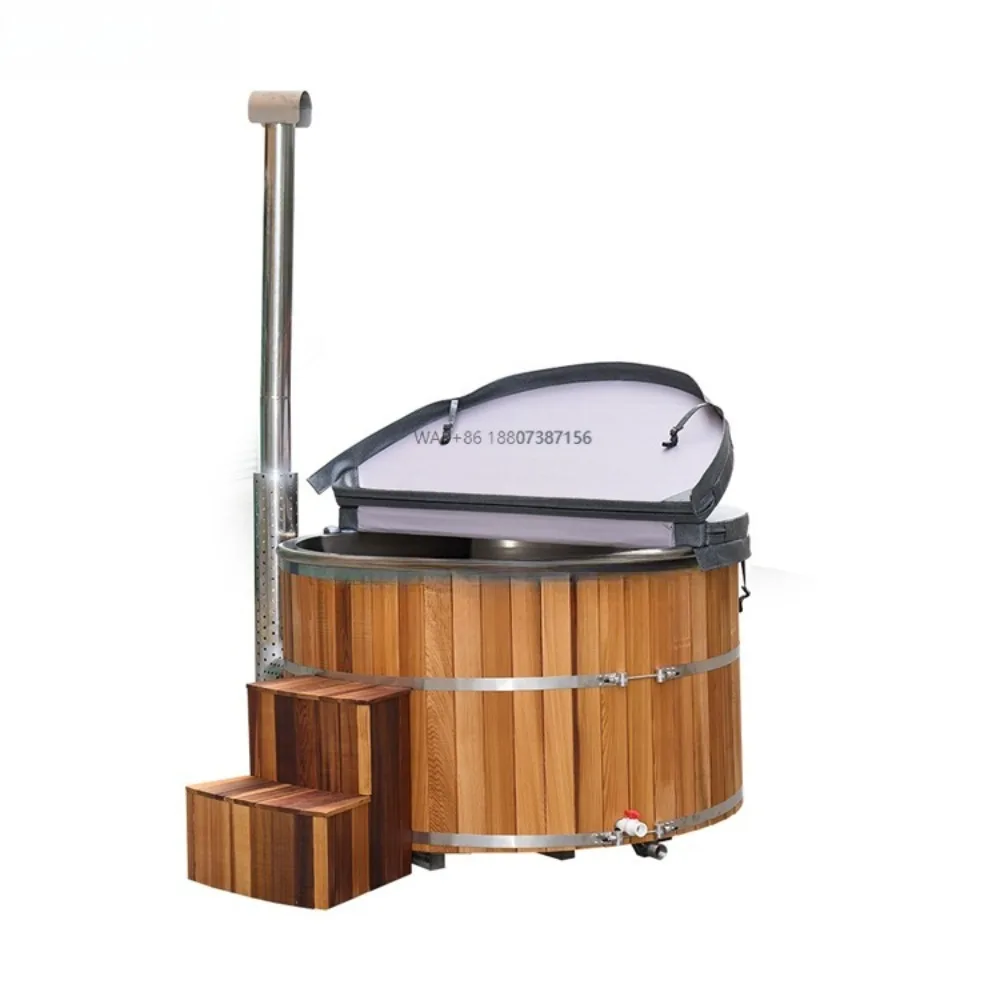 1500cm Hot Tub Step Porch Steps with Storage Wood Fire Hybrid Hot Tub Outdoor 2 Seater Standing Wood Burning Hot Tub